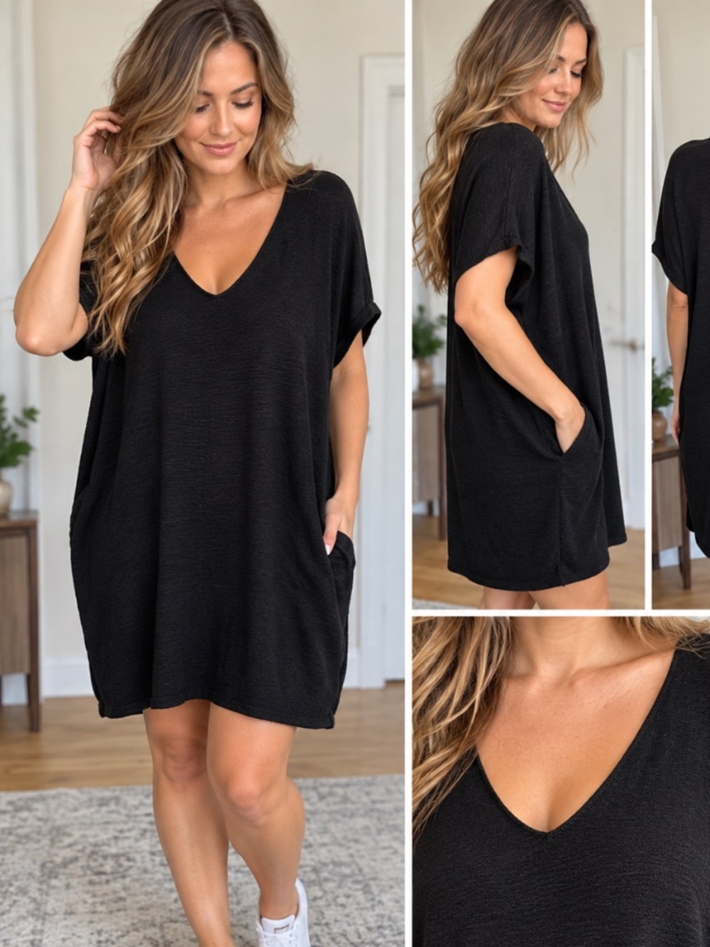 Wilfred Free Aritzia Black Oversized V-Neck Tunic Dress Size S Pockets